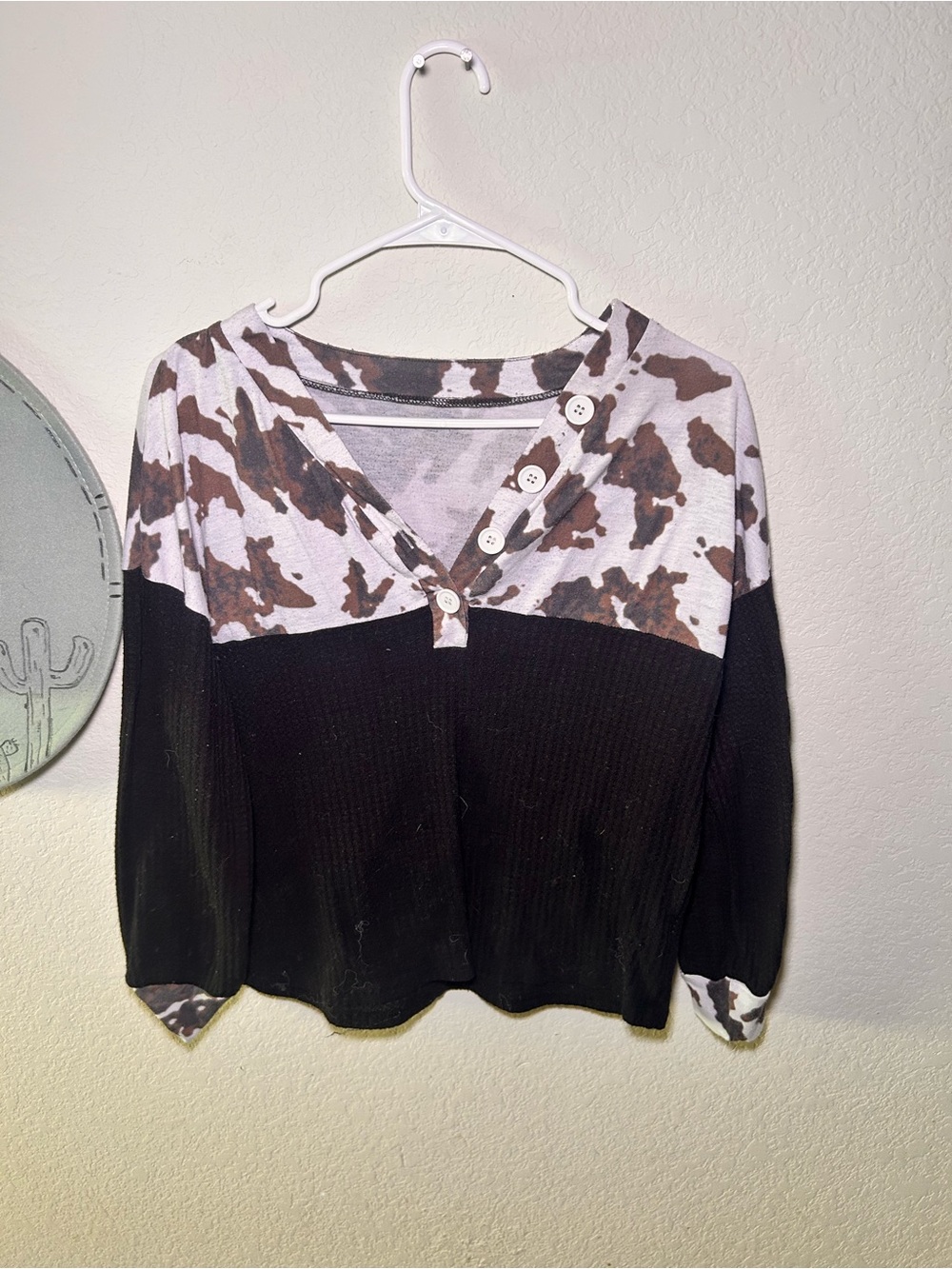 Cow Pattern V-Neck Button Accent Knit Top